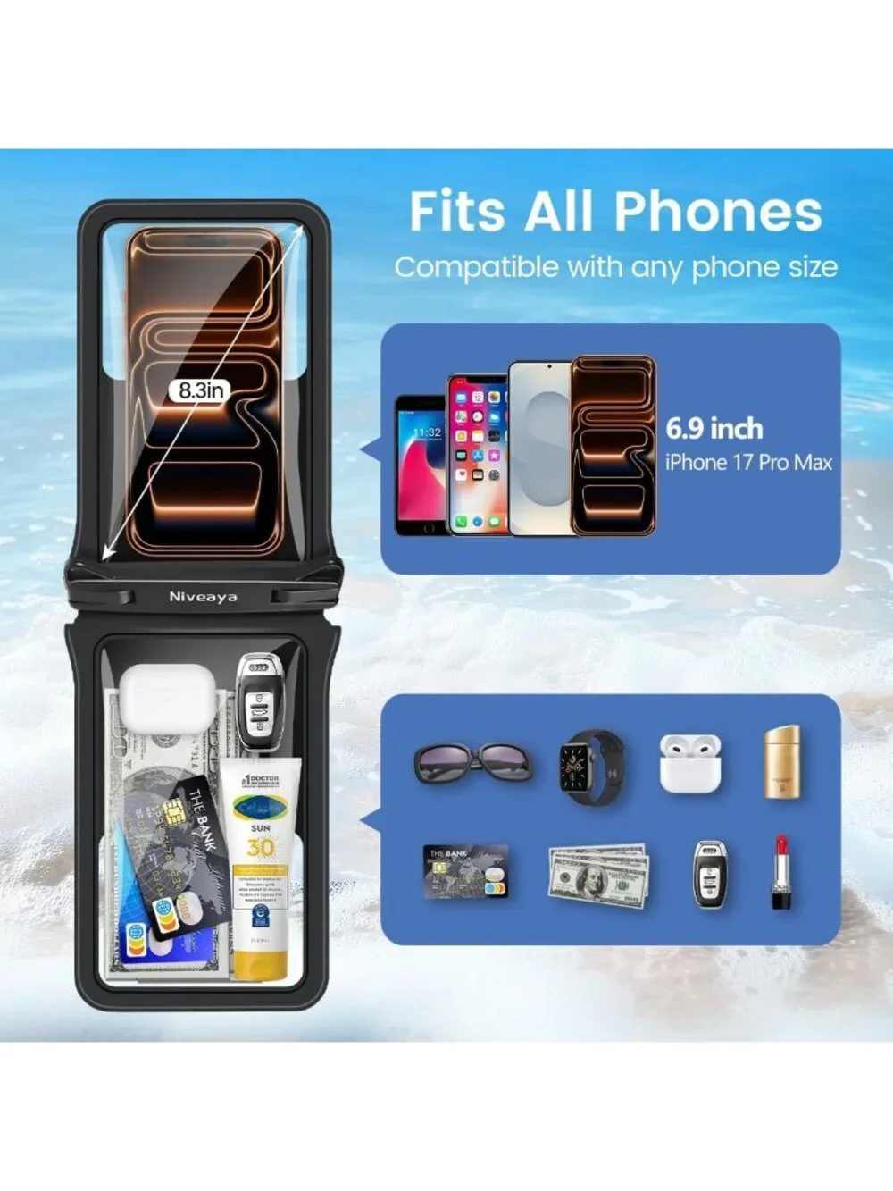 Waterproof Phone Pouch for Beach & Underwater Photography - 2 Pack, Lanyard